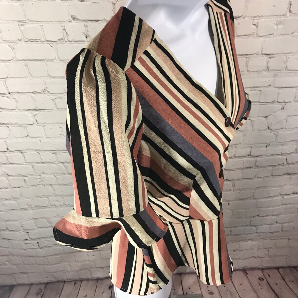 Monteau Half Button Mixed Stripes Peplum Top Sz S - Picture 2 of 7